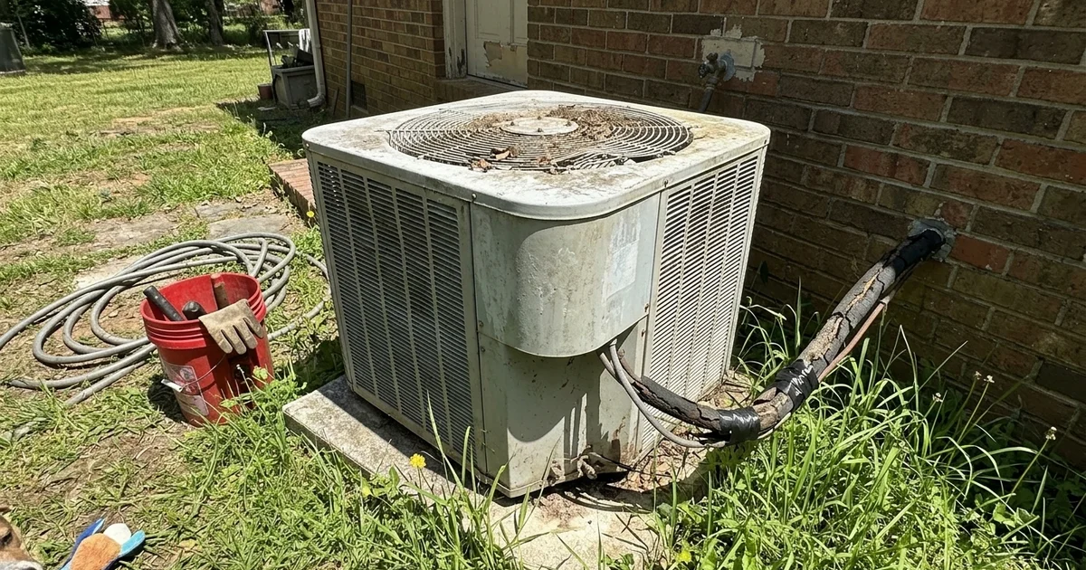 An aging outdoor AC condenser beside an older Alabama home