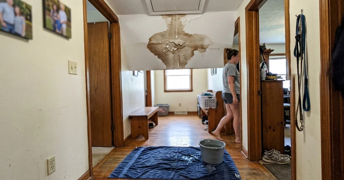Water stain spreading on a ceiling below an attic air handler