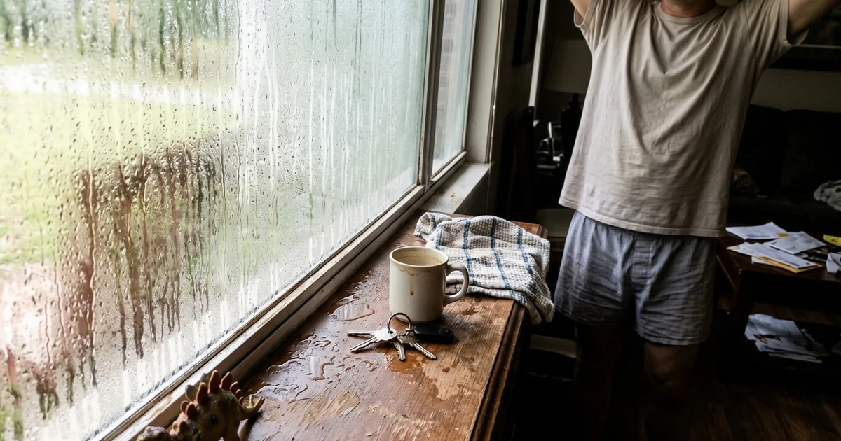 Condensation on interior windows during a humid Alabama morning