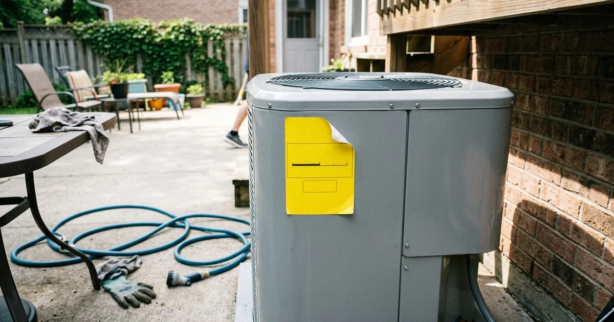 Efficiency rating label on a new outdoor AC condenser