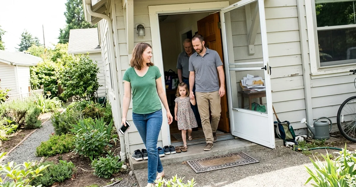 Family leaving a home through the front door for safety