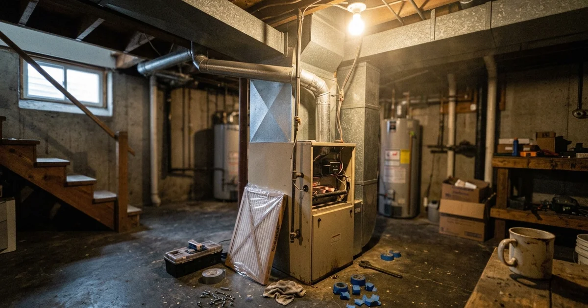 A gas furnace cycling on in a home mechanical room