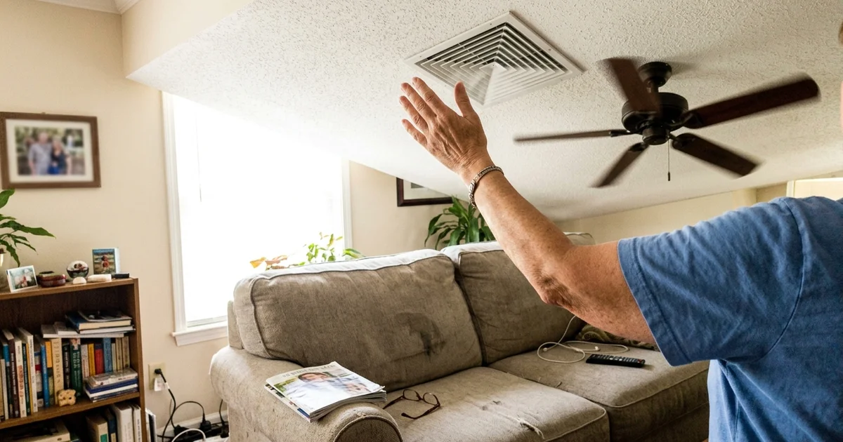 Hand held to a ceiling vent testing air temperature in an Alabama home