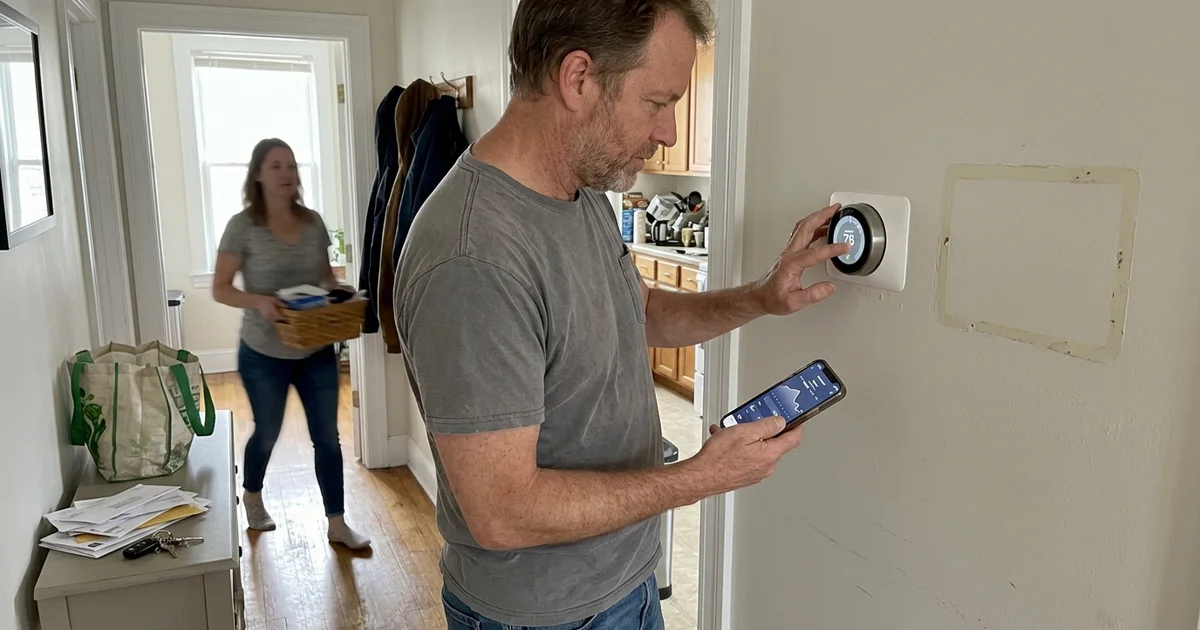 Homeowner adjusting a smart thermostat with the app open on a phone