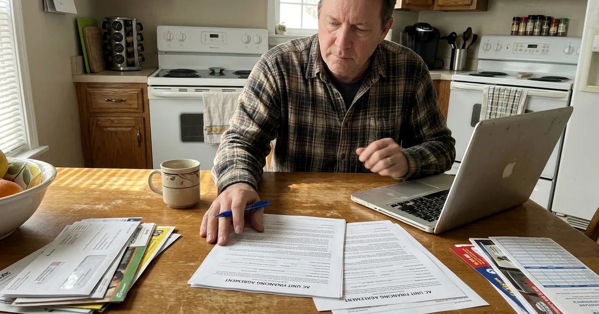 Homeowner reviewing HVAC financing paperwork at a kitchen table