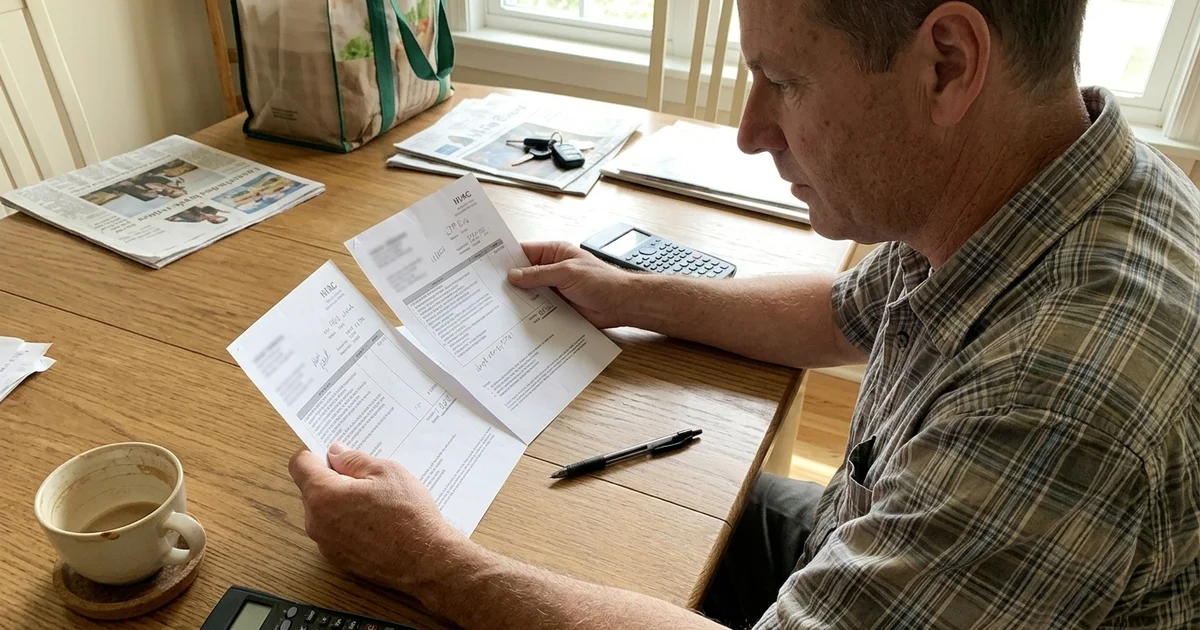 Homeowner comparing two HVAC quotes side by side at a table