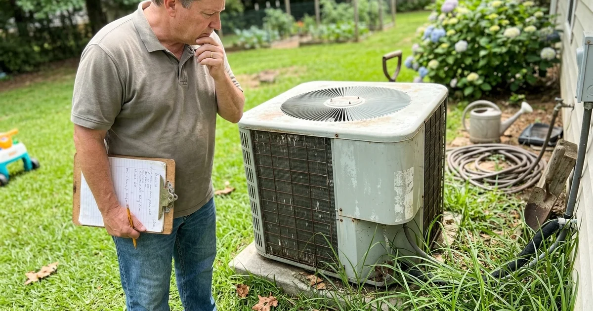 Homeowner weighing repair against replacement beside an aging outdoor AC unit