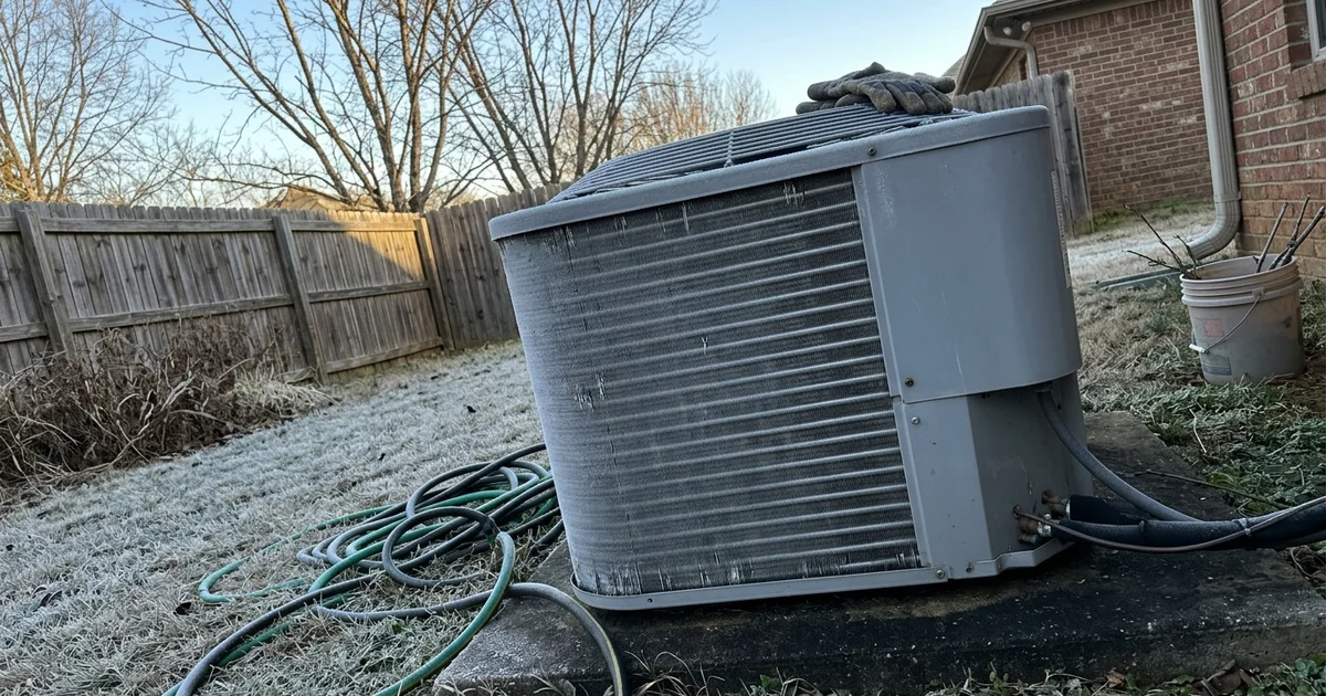 Light frost on the outdoor coil of a heat pump on a cold morning
