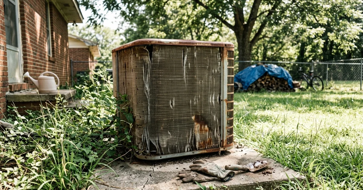 An old, rusted outdoor AC unit at the end of its service life