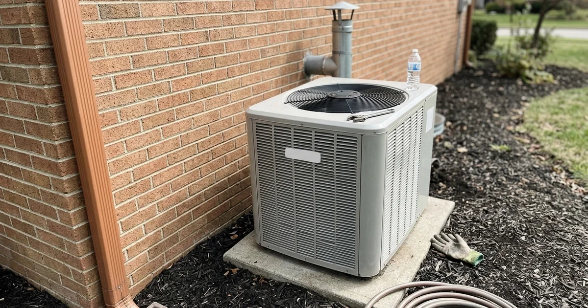 Outdoor heat pump beside a home with a gas furnace flue on the wall