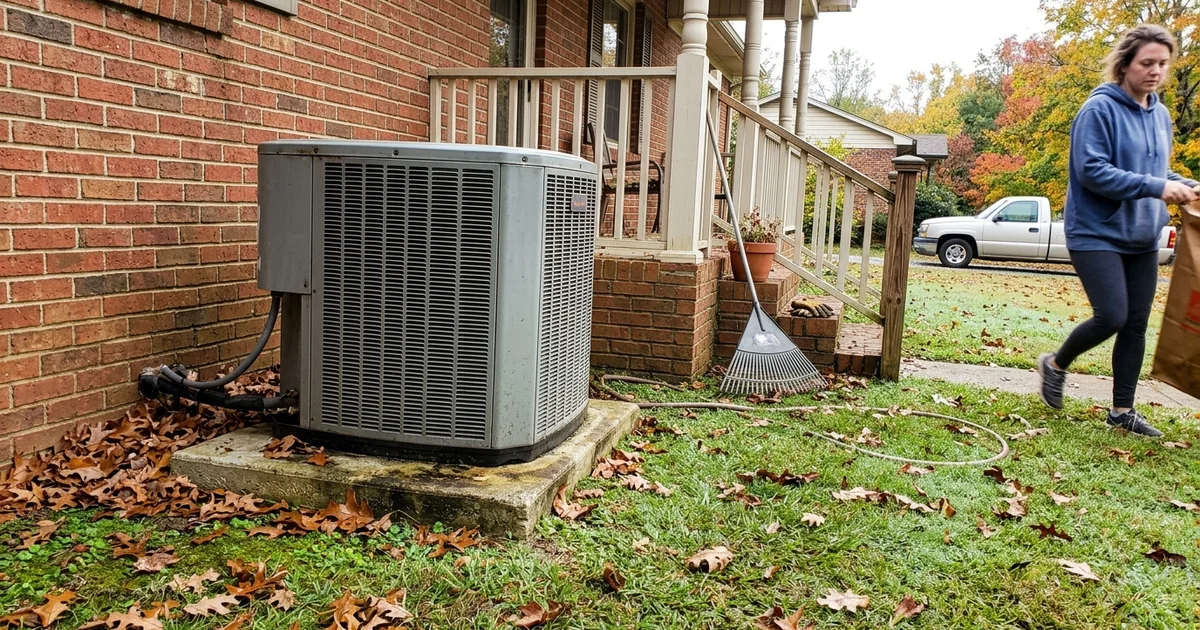 Outdoor heat pump beside an Alabama home on a cool autumn morning