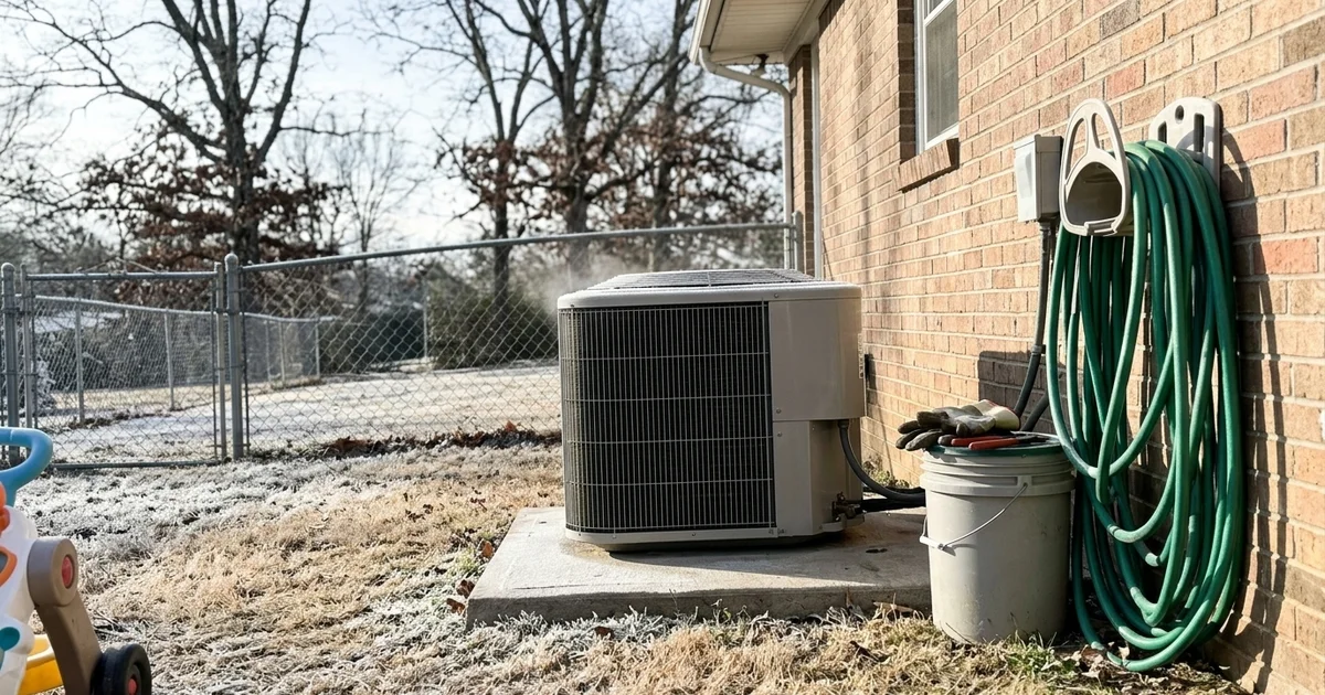 Outdoor heat pump running on a frosty Alabama winter morning