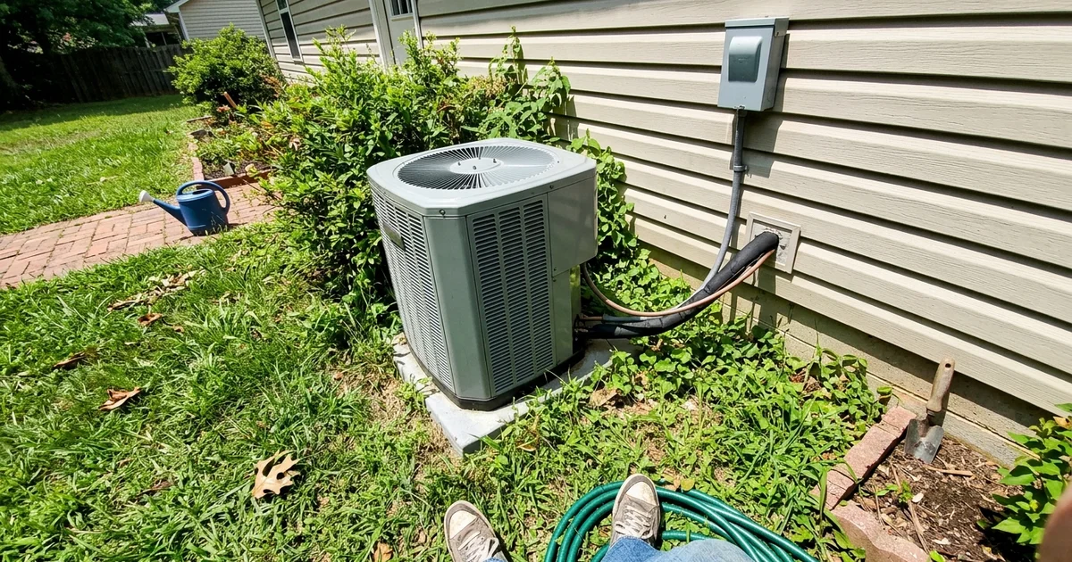 Outdoor AC condenser sitting silent with the fan not turning on a summer day