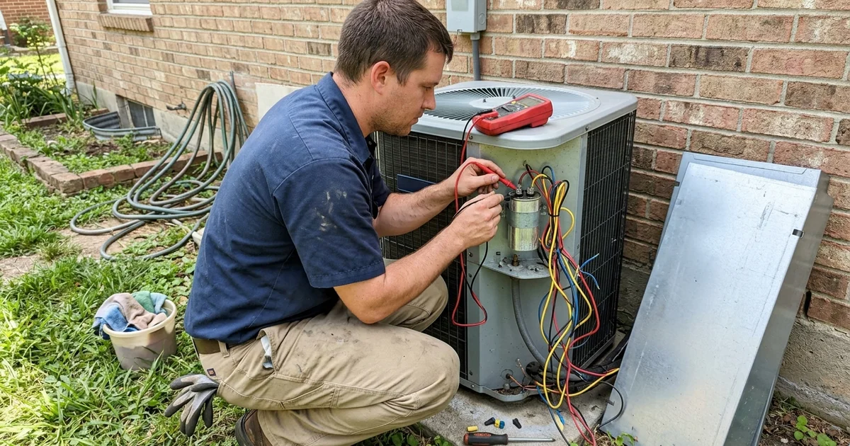 Technician testing an AC capacitor with a multimeter