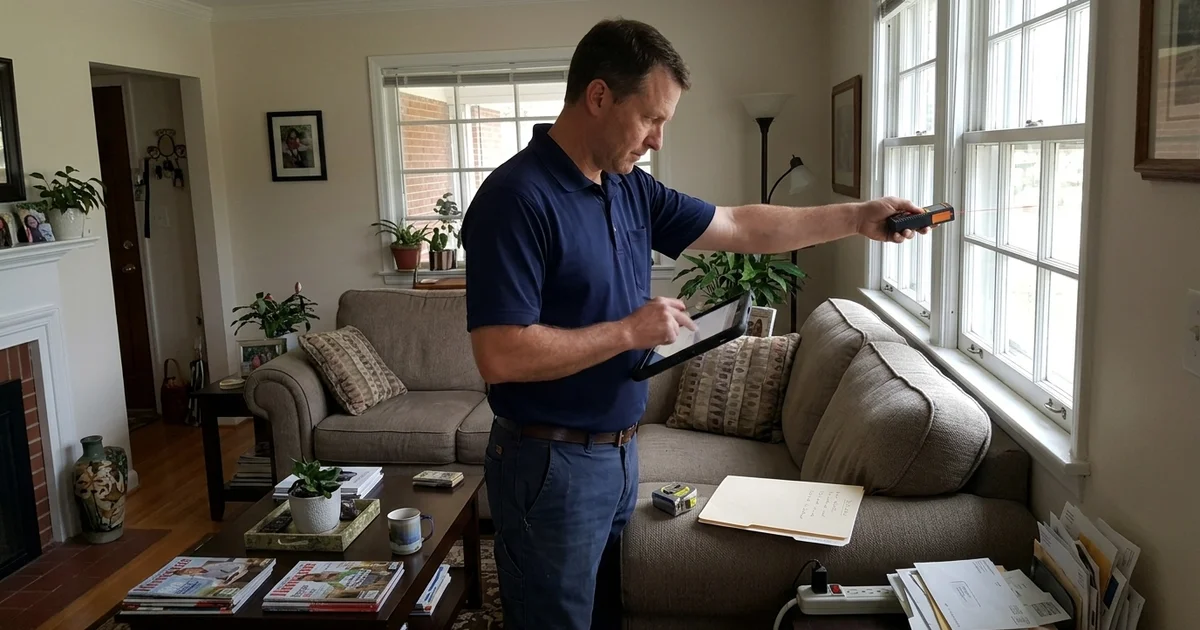 Technician measuring a room for a Manual J load calculation