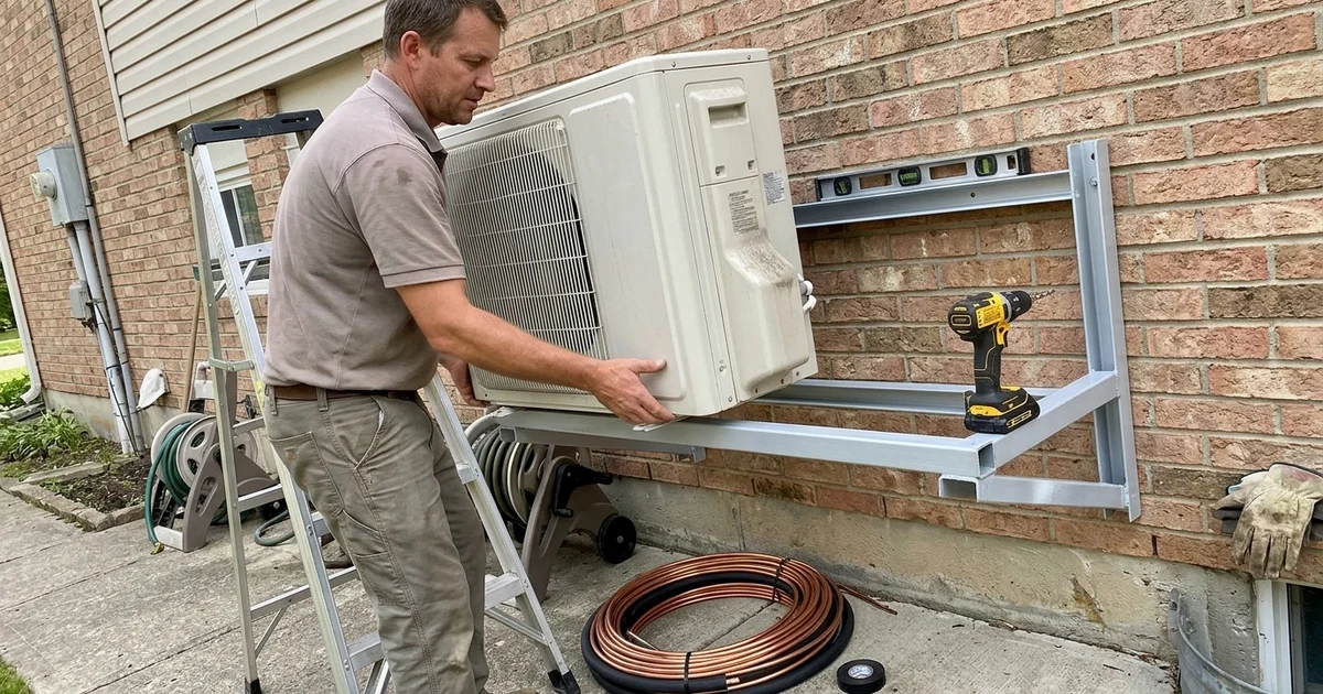 Technician mounting an outdoor mini-split condenser during installation