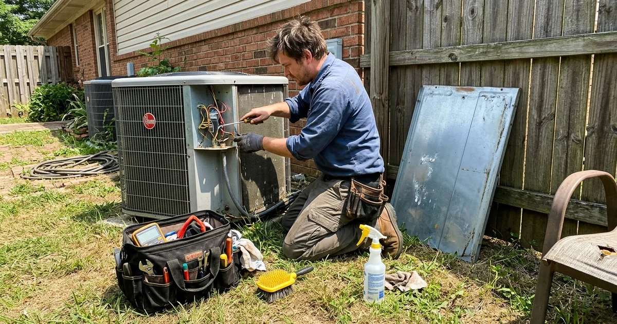 Technician performing a scheduled AC maintenance visit at a home