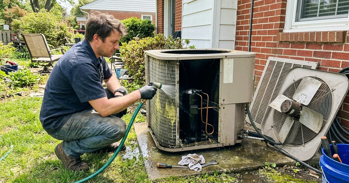 Technician cleaning an outdoor condenser coil during a spring tune-up