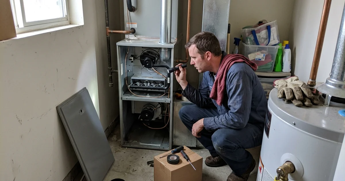 Technician inspecting a gas furnace burner assembly with a flashlight