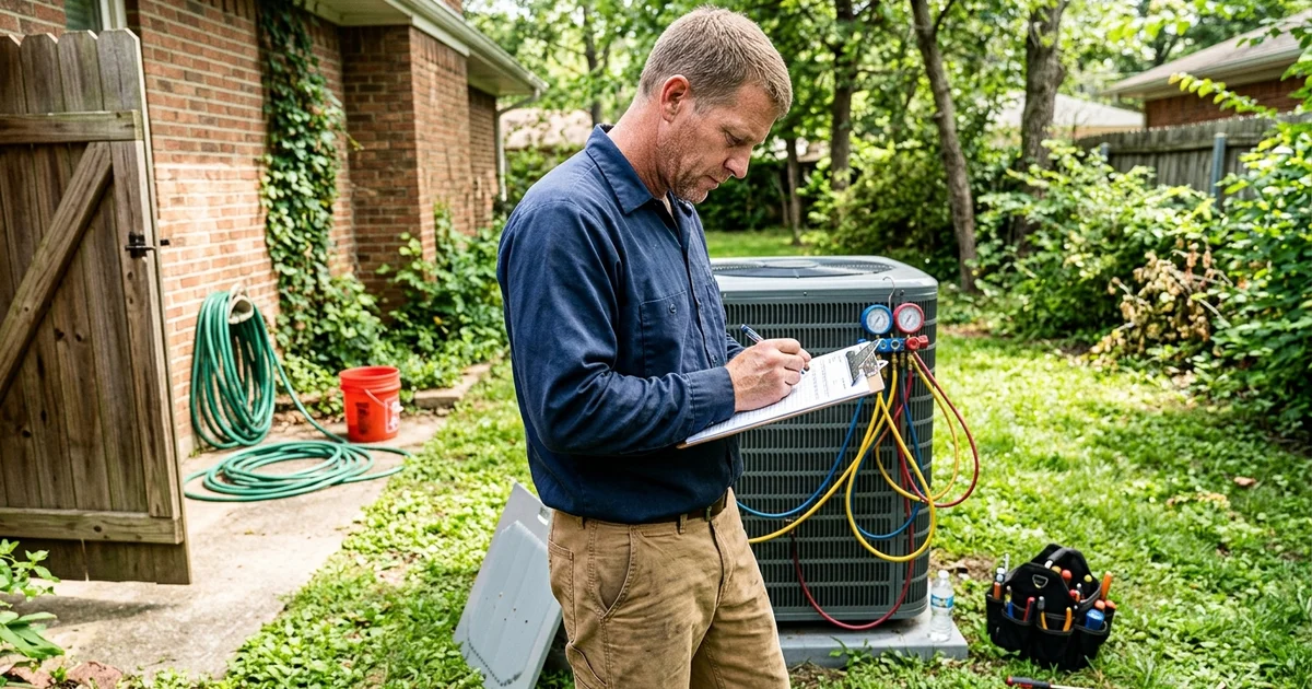 Technician writing a repair estimate beside an outdoor AC unit