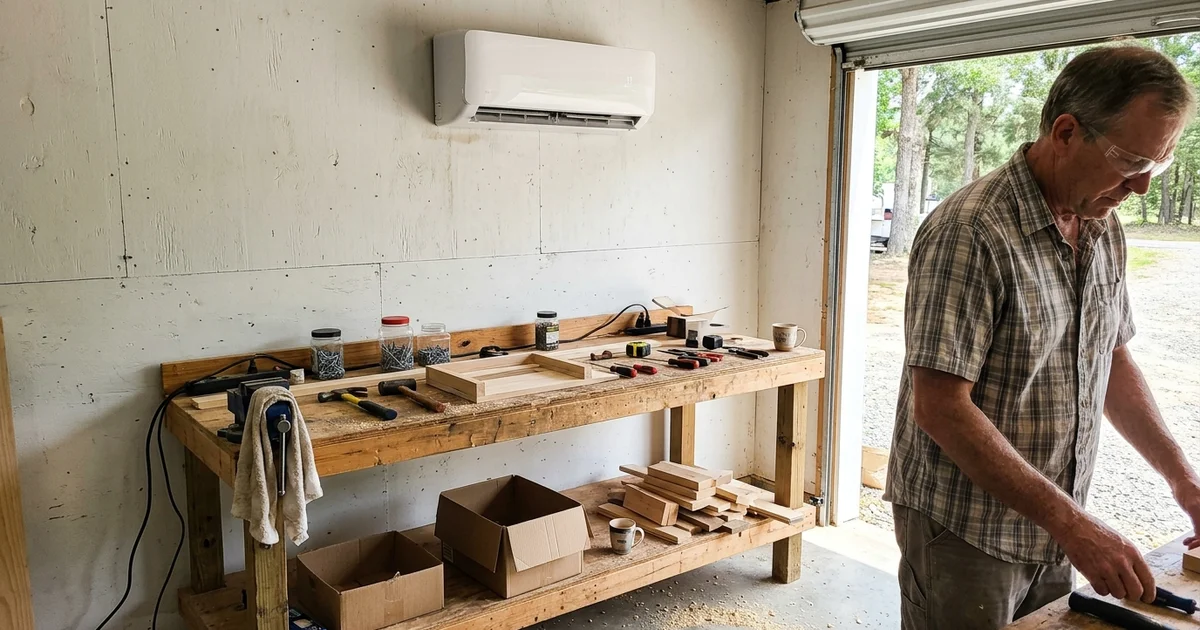Wall-mounted mini-split head cooling a converted garage workshop