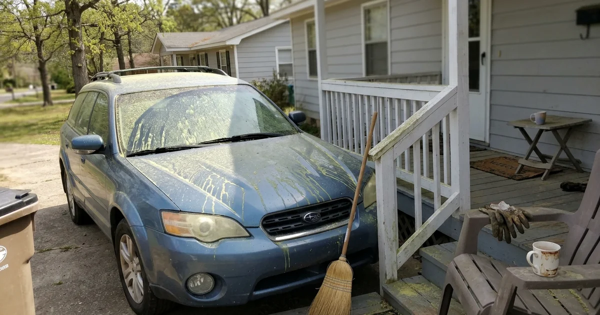Spring pollen coating a car and porch outside an Alabama home