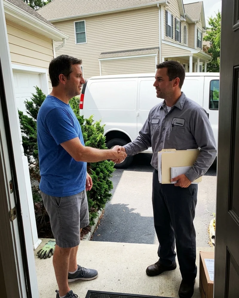 Alabama homeowner meeting a licensed HVAC contractor at their front door
