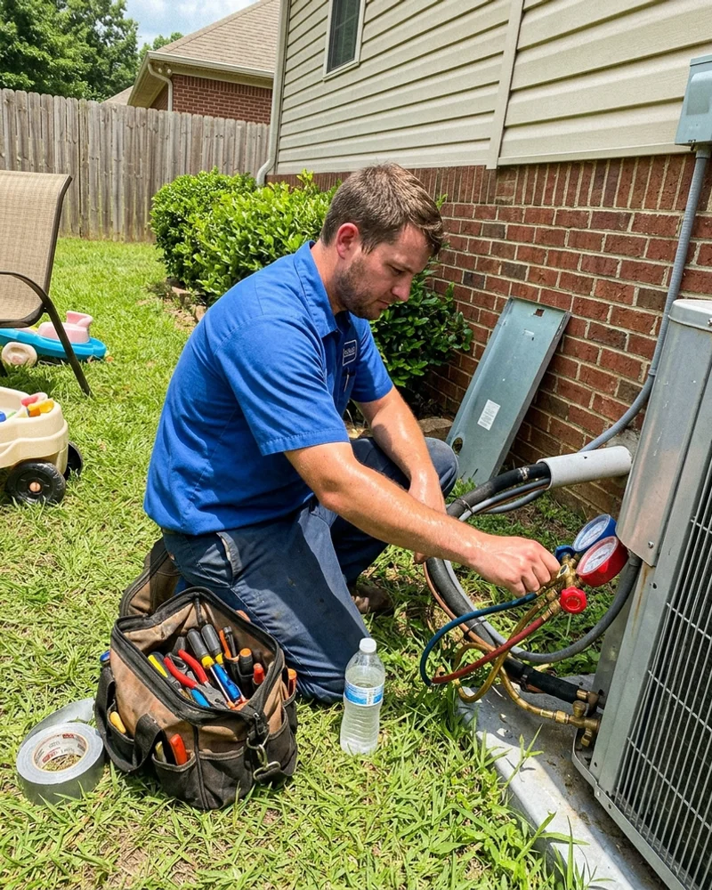 Licensed Alabama technician diagnosing an outdoor AC condenser with refrigerant gauges