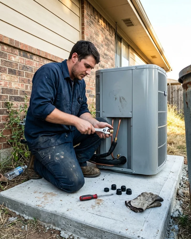 Newly installed central AC condenser being checked by an installer at an Alabama home