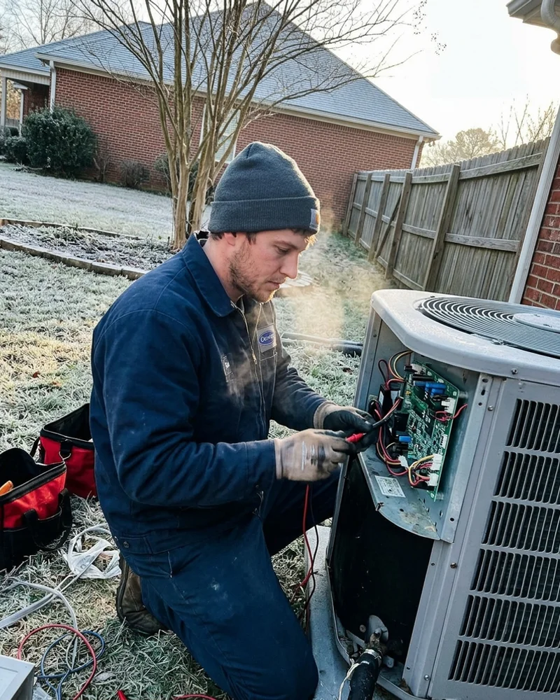 Technician checking a heat pump's defrost controls on a frosty Alabama winter morning
