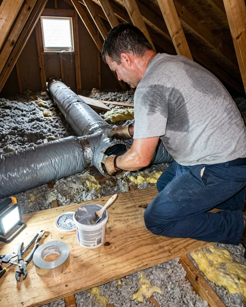 Technician sealing a disconnected duct joint in an Alabama attic