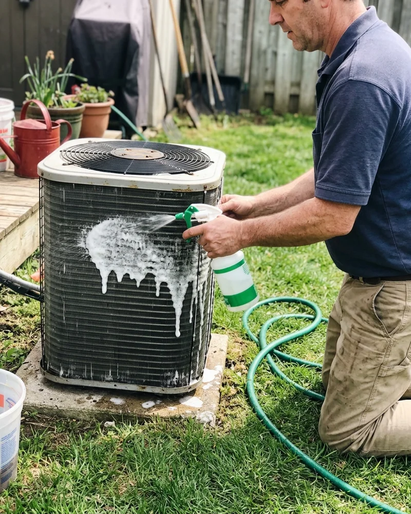 Technician cleaning an outdoor condenser coil during a pre-summer AC tune-up