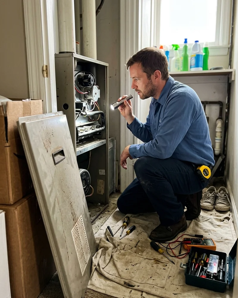 Licensed technician inspecting a gas furnace burner assembly during a no-heat call