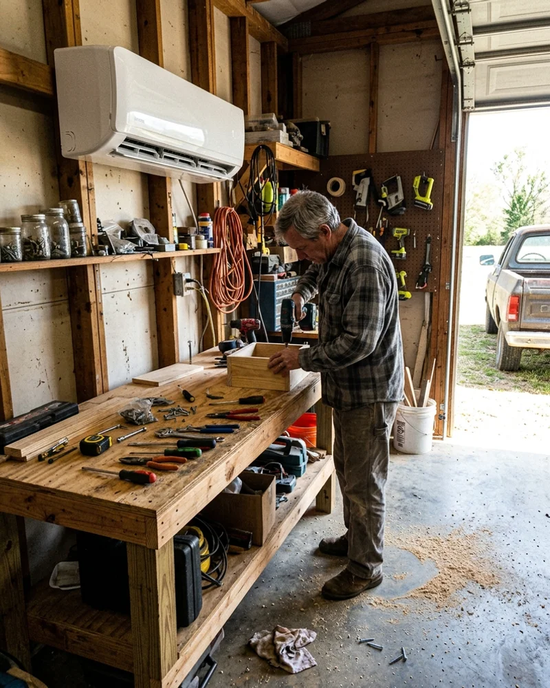 Ductless mini-split head cooling a converted garage workshop in Alabama
